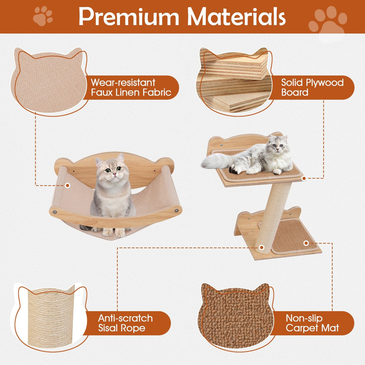Cat Wall Furniture Set of 4 with Hammock 2-step Cat Tree and Perch-Natural view 6