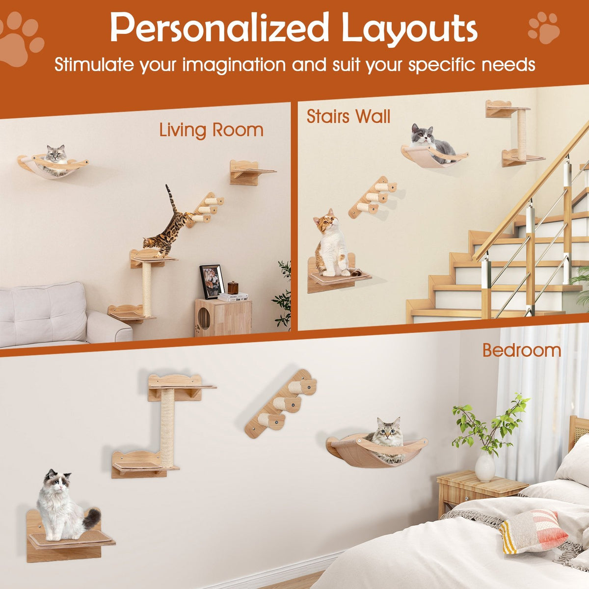 Cat Wall Furniture Set of 4 with Hammock 2-step Cat Tree and Perch-Natural view 7
