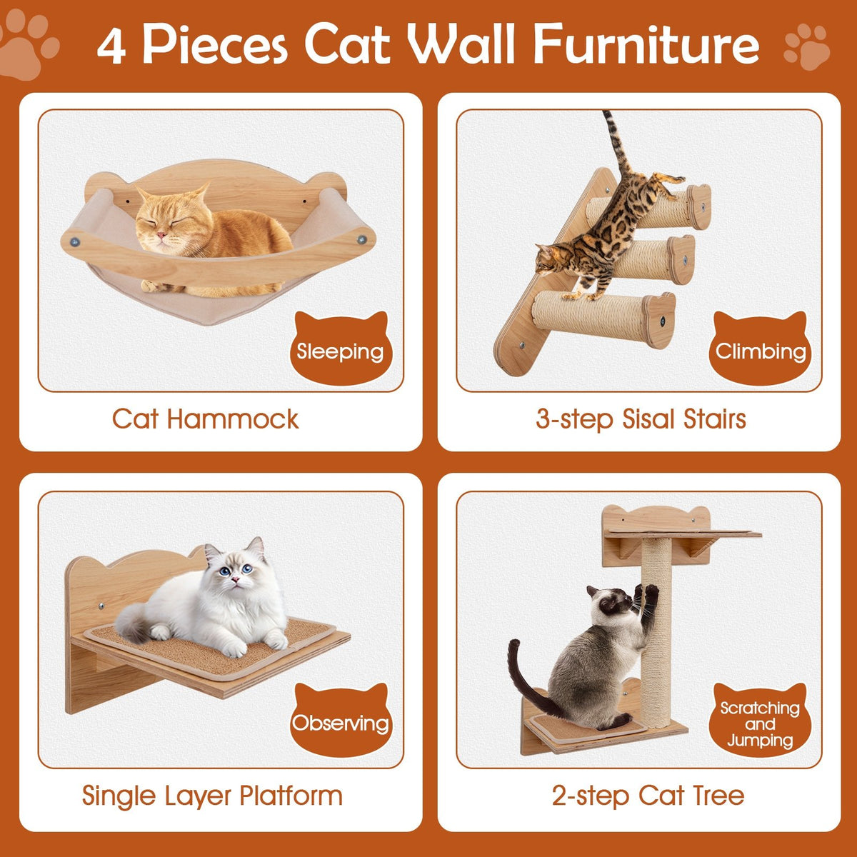 Cat Wall Furniture Set of 4 with Hammock 2-step Cat Tree and Perch-Natural view 9