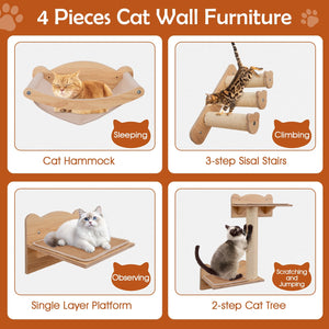 Cat Wall Furniture Set of 4 with Hammock 2-step Cat Tree and Perch-Natural view 9