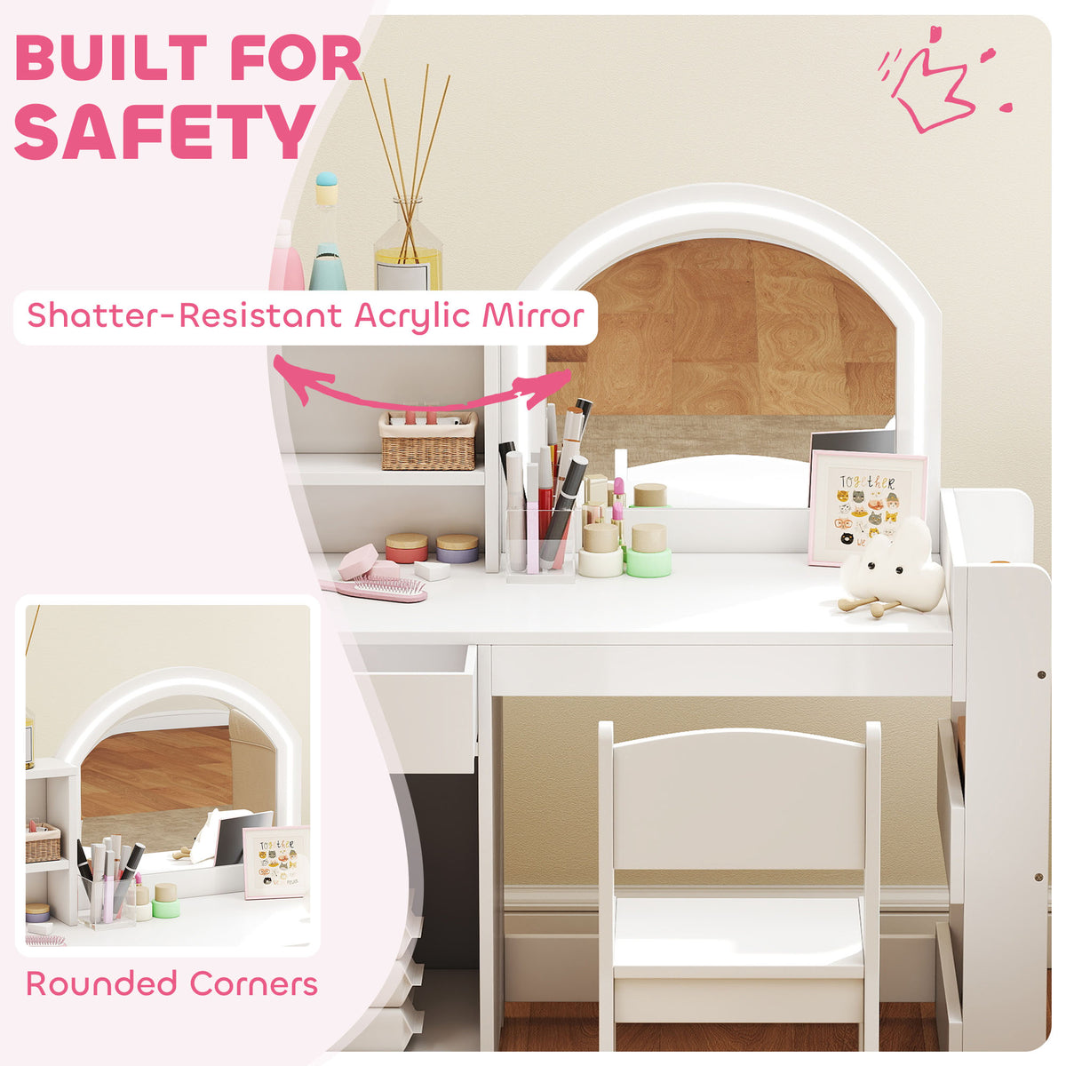 Qaba Kids Vanity Set, Toddler Dressing Table and Chair Set  with Lighted Mirror, Cabinet, Drawer and Shelves