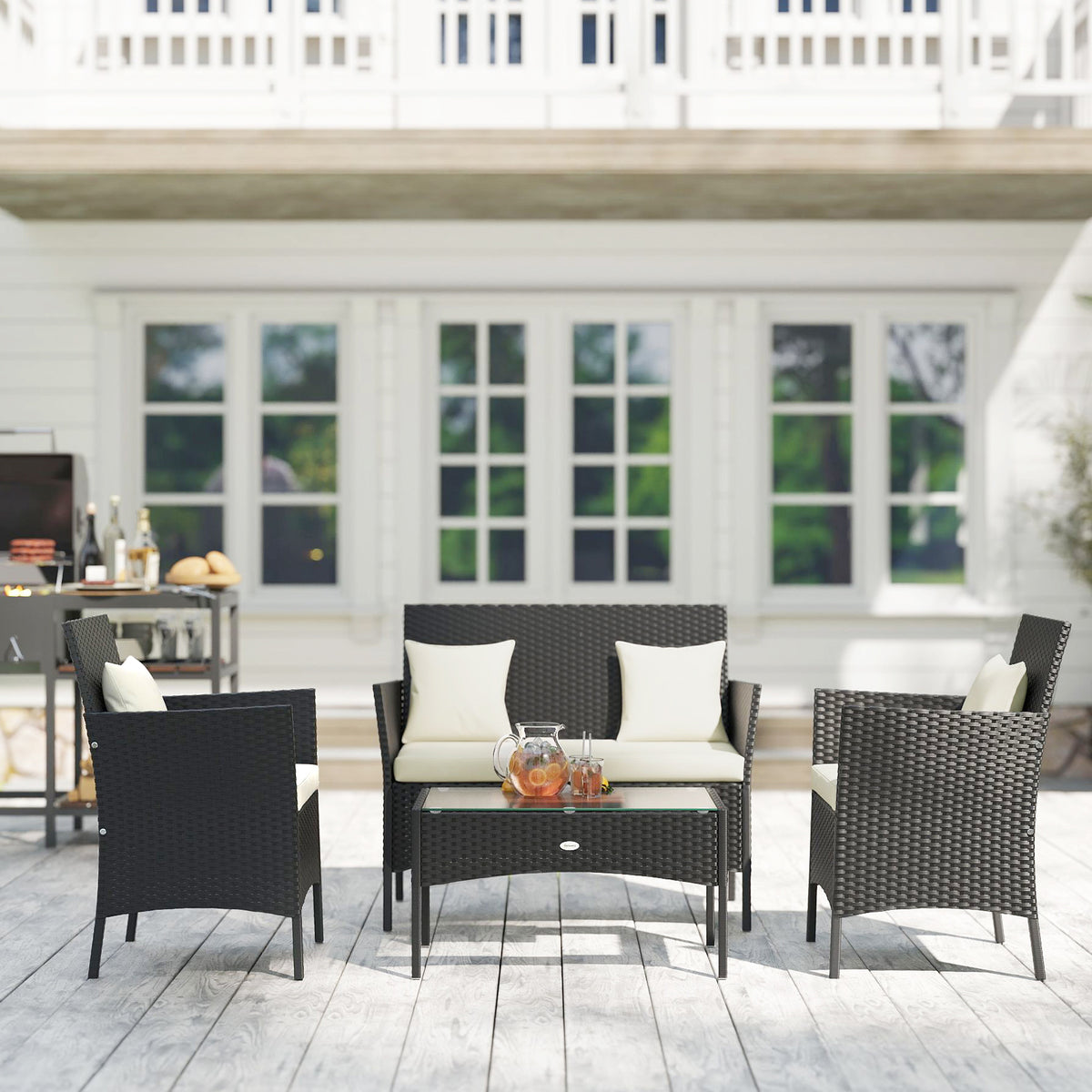 4-Piece Rattan Outdoor Furniture Set Patio Furniture Set with Coffee Table 22.8" W x 21.7" D x 33.5" H Black & Cream
