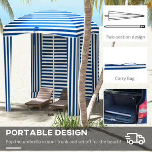 70.1" L x 70.1" W Cabana Umbrella with Walls, Vents, Ruffles, Carry Bag, Beach Umbrella, Blue White Stripe