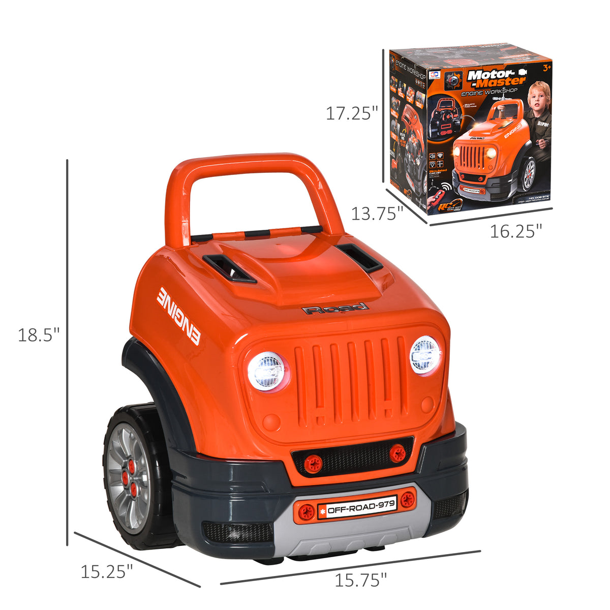 Qaba Kids Truck Engine Toys, Kids Mechanic Workshop Set with Light, Sounds, Steering Wheel and Horn for Boys Girls 3 4 5 Years Old Pretend Play, Orange