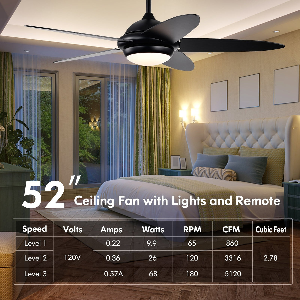 Ceiling Fan with Lights and 3 Lighting Colors-Black view 9