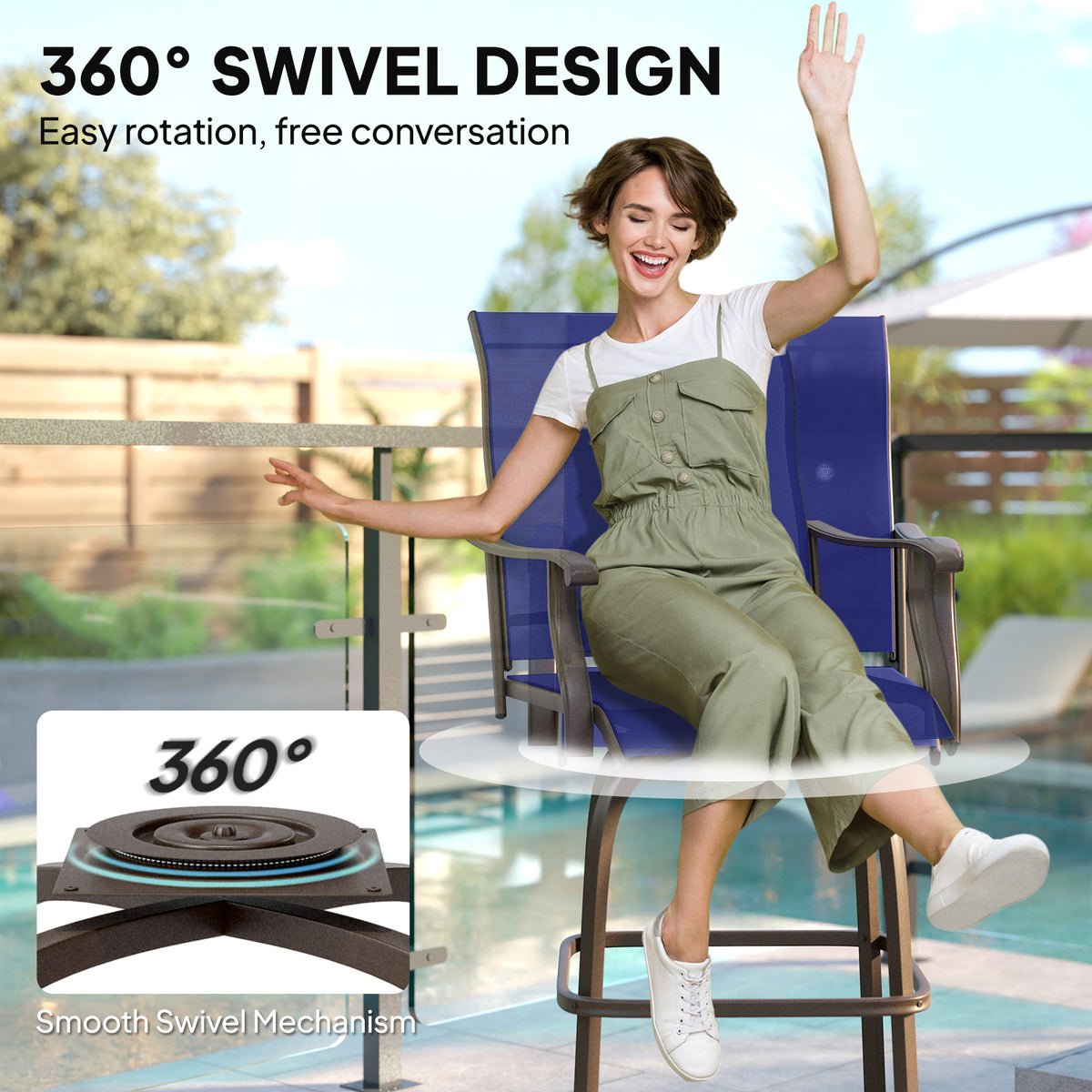 Outdoor Bar Stools Set of 2, Swivel Bar Height Chairs with High Back, Curved Armrests and Steel Frame, Black – view 10