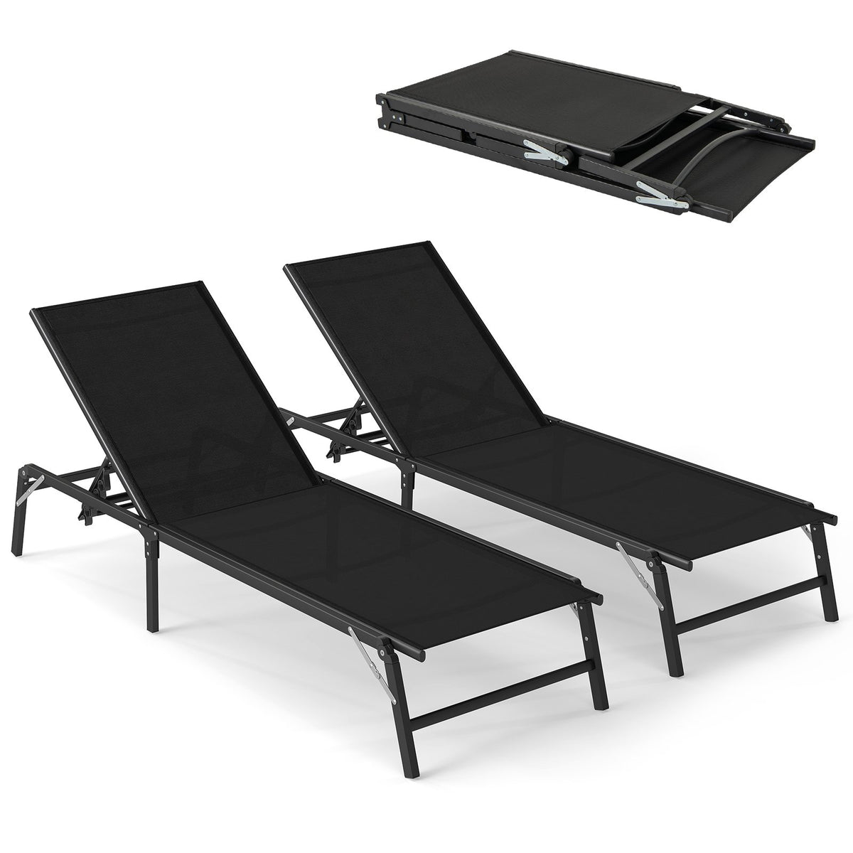 Chaise Lounge Chair Set of 2 Foldable Patio Lounge Chairs-Black view 4