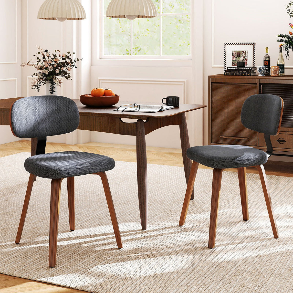 Chenille Fabric Upholstered Wooden Kitchen Chairs Set of 2-Dark Gray view 2