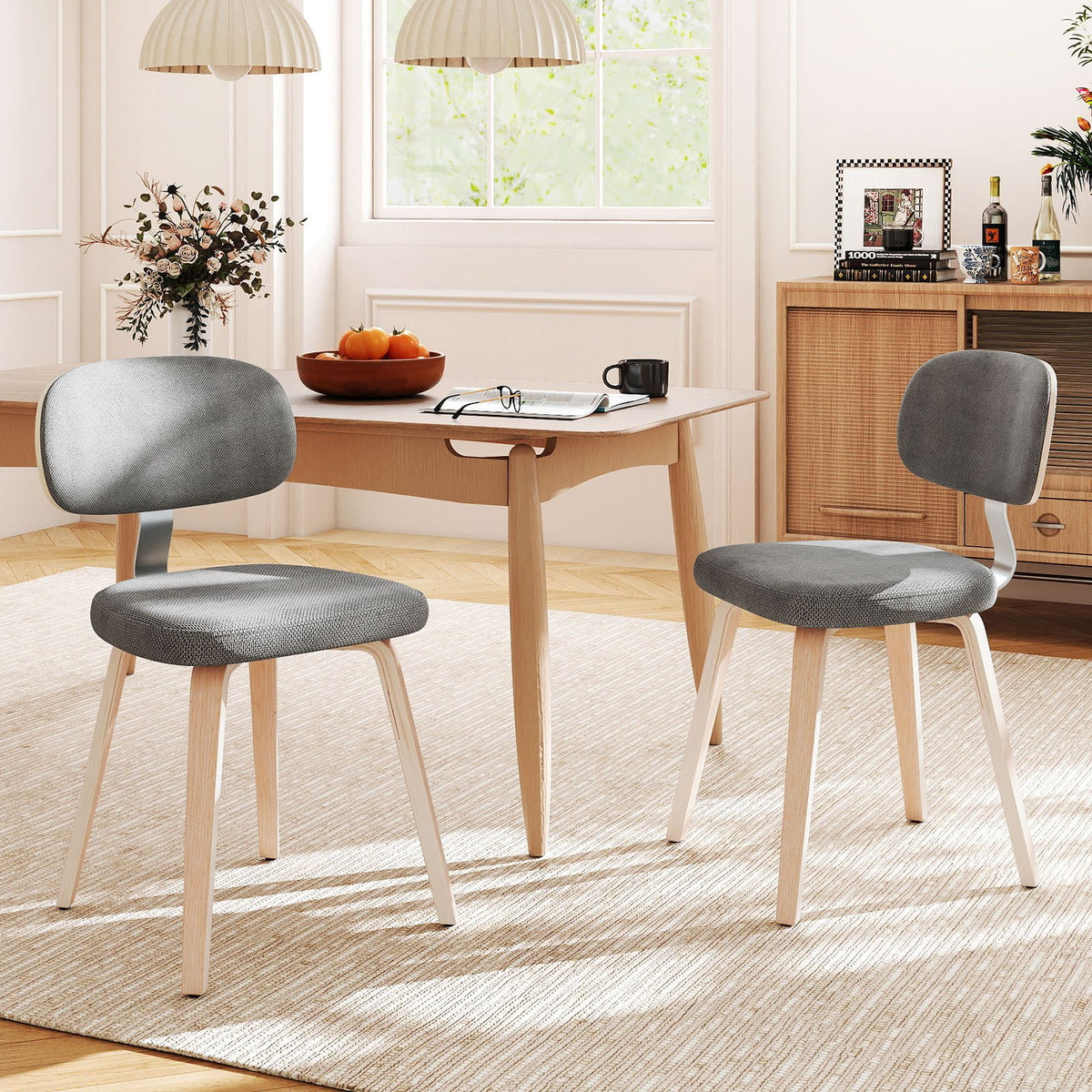 Chenille Fabric Upholstered Wooden Kitchen Chairs Set of 2-Gray view 2