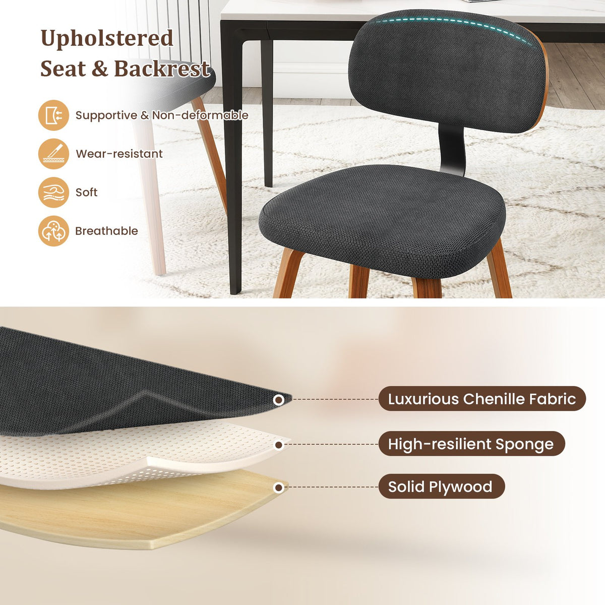 Chenille Fabric Upholstered Wooden Kitchen Chairs Set of 4-Dark Gray view 6