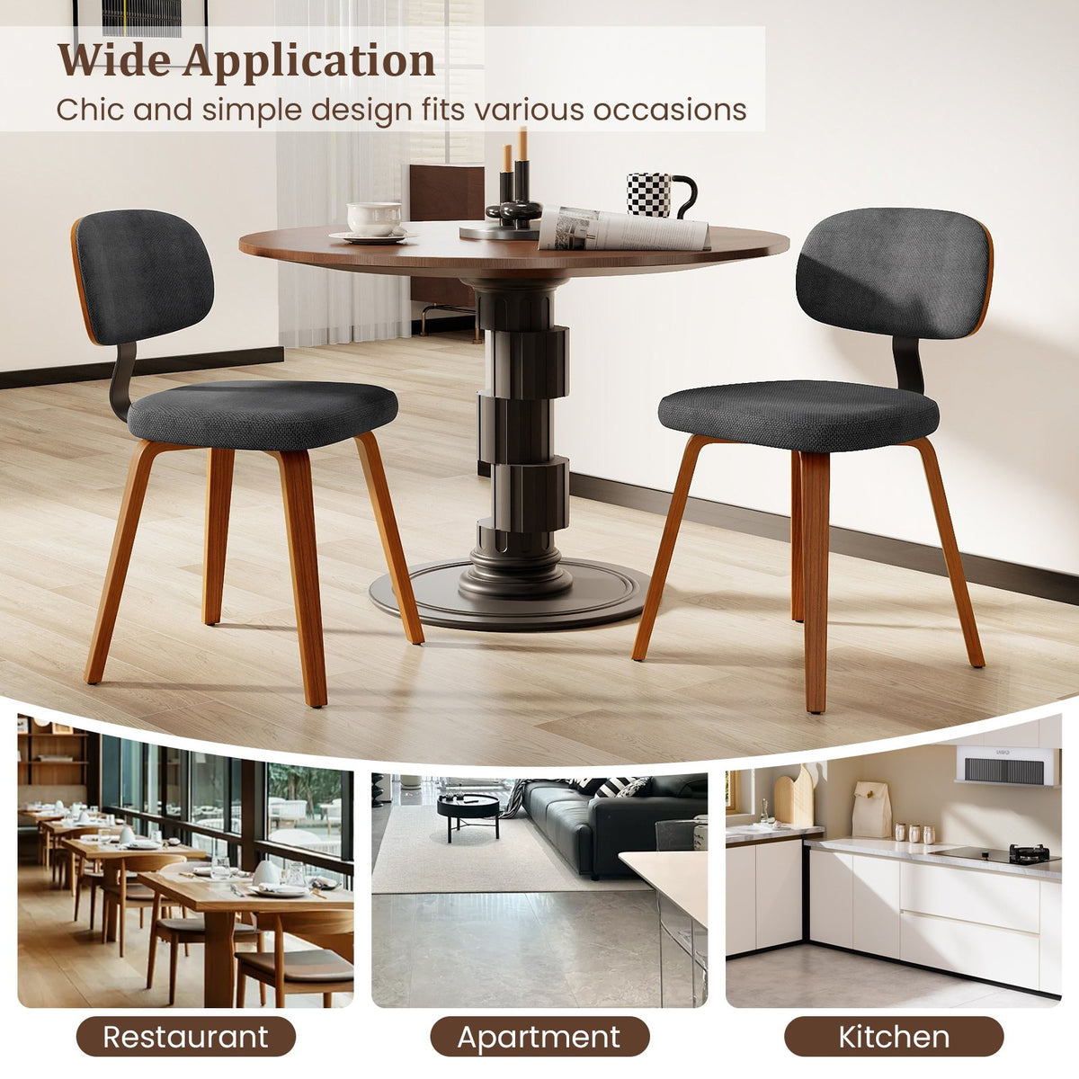 Chenille Fabric Upholstered Wooden Kitchen Chairs Set of 4-Dark Gray view 7