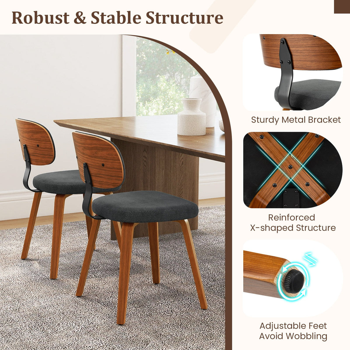 Chenille Fabric Upholstered Wooden Kitchen Chairs Set of 4-Dark Gray view 8