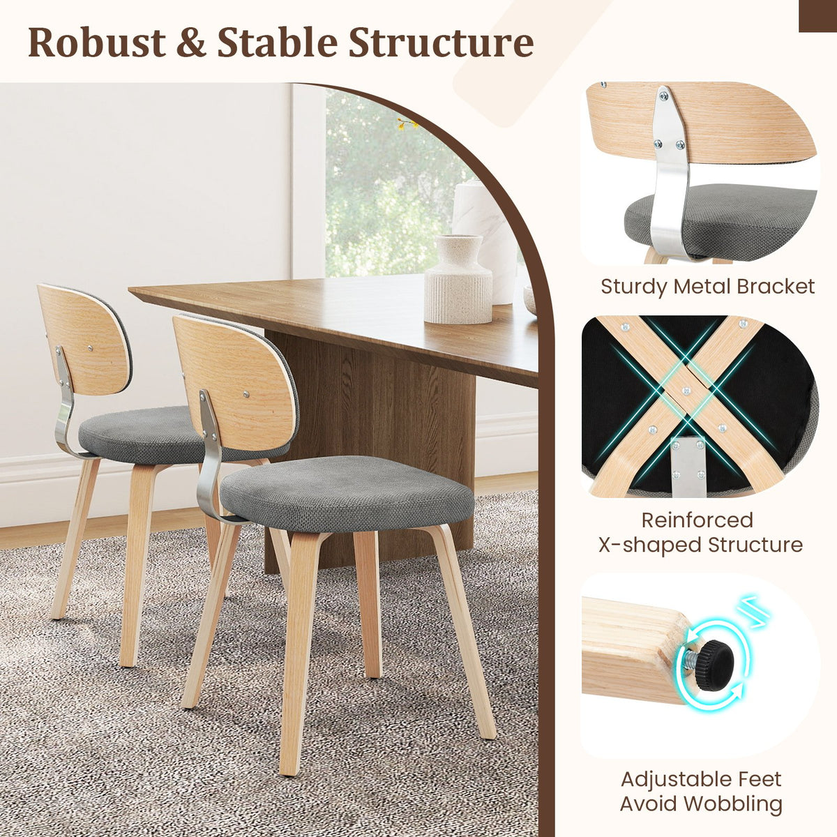 Chenille Fabric Upholstered Wooden Kitchen Chairs Set of 4-Gray view 8