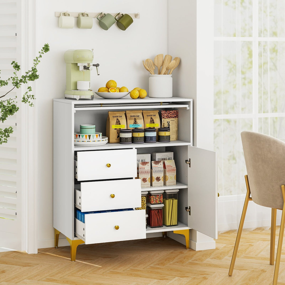Chest of Drawers with Flip Up Fluted Glass Door for Bedroom Kitchen-Gray view 2
