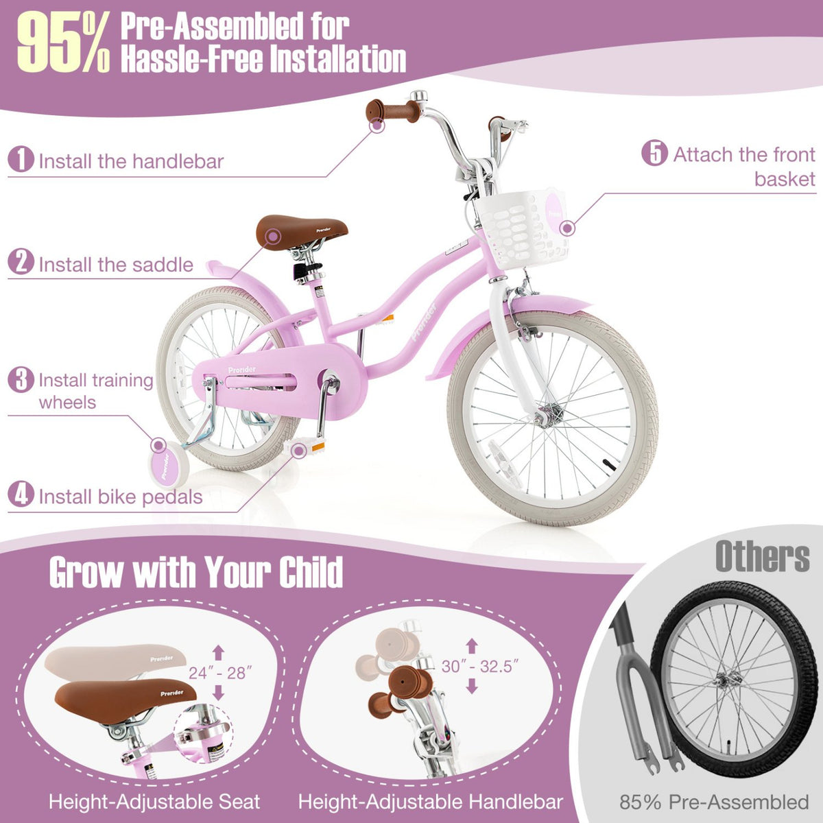 Children Bicycle with Front Handbrake and Rear Coaster Brake-Purple view 5