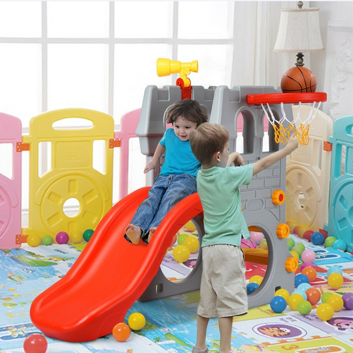 5 in 1 Toddler Climber Slide Playset with Basketball Hoop and Telescope view 3