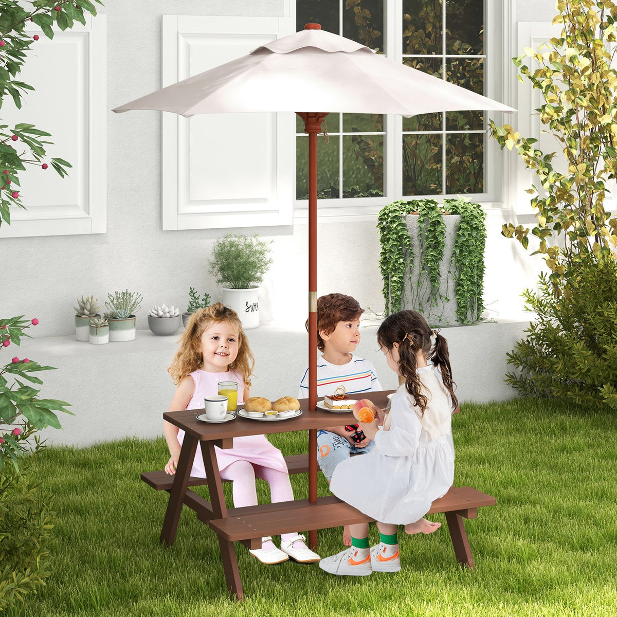 Outdoor 4-Seat Kid's Picnic Table Bench with Umbrella view 3