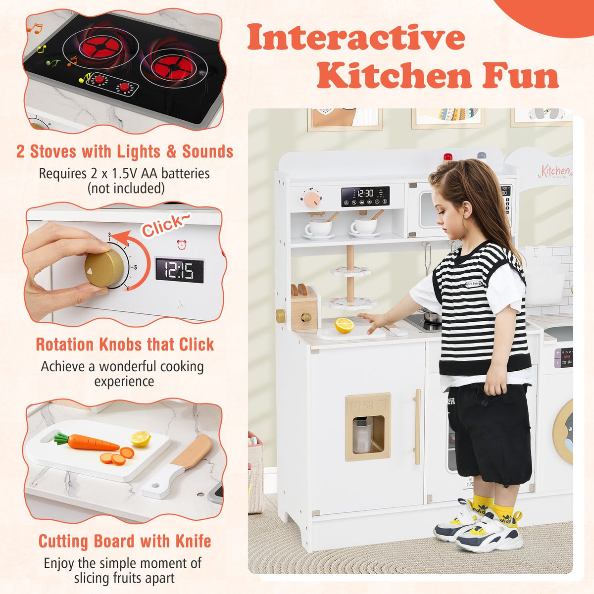 Children Pretend Toy Kitchen Playset with Light and Sound-White view 5