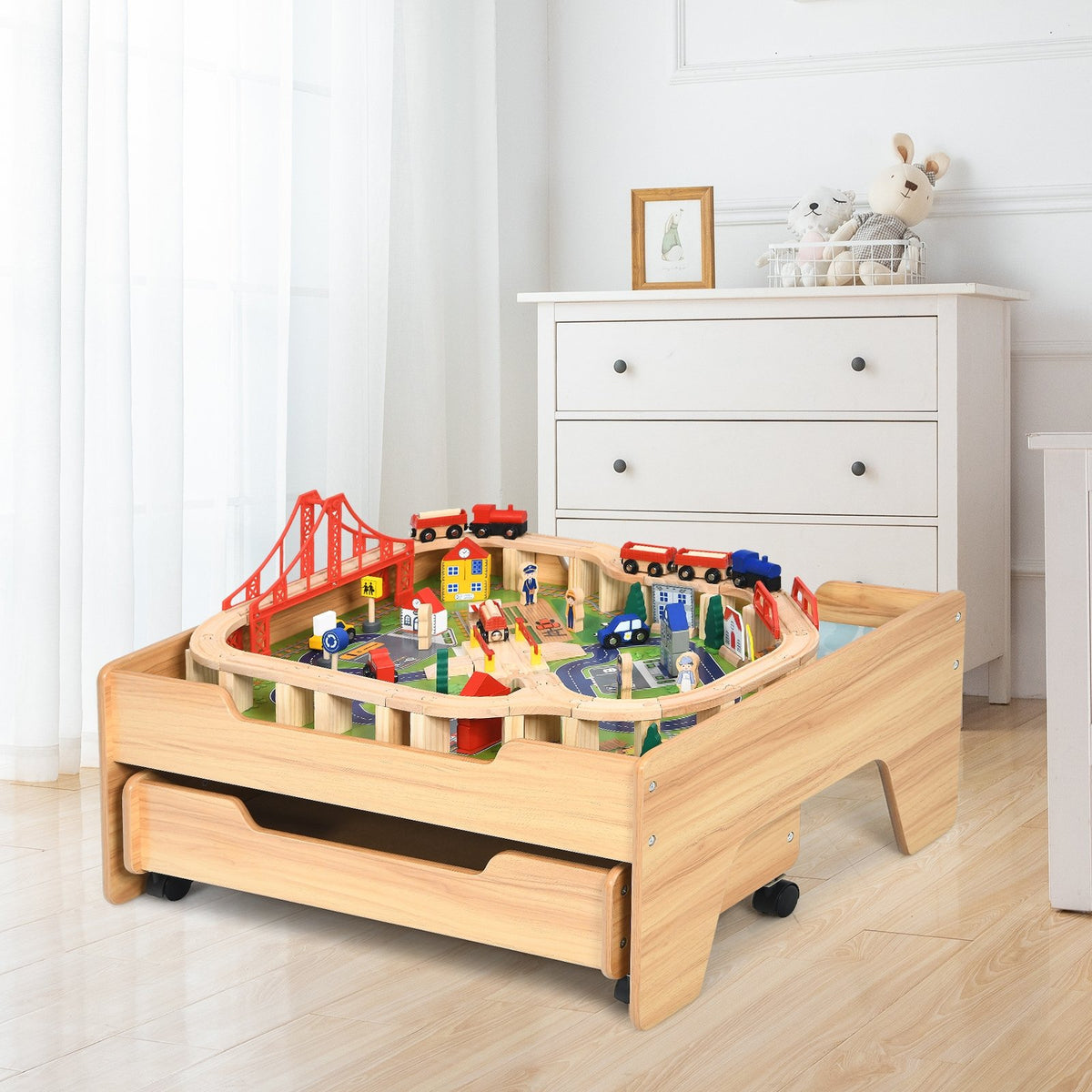 Kids Wooden Train Set Table with 100 Multicolor Pieces and Lockable Wheels view 2