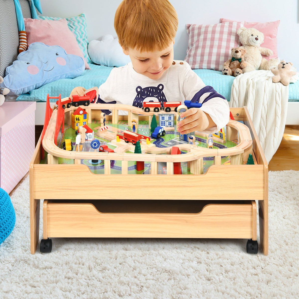 Kids Wooden Train Set Table with 100 Multicolor Pieces and Lockable Wheels view 3