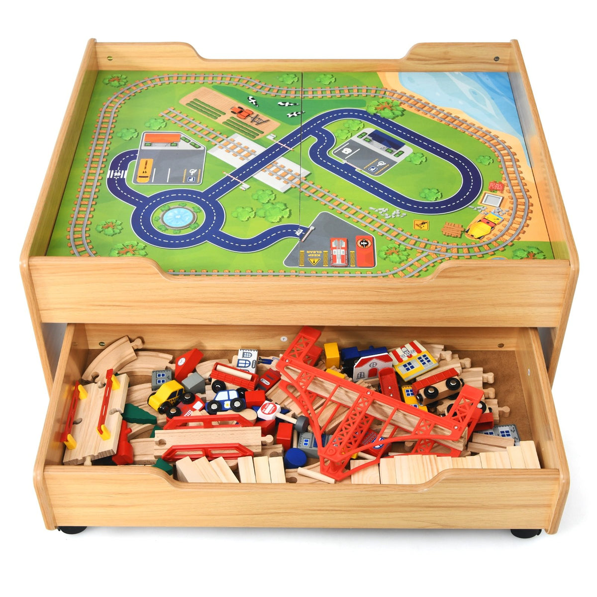 Kids Wooden Train Set Table with 100 Multicolor Pieces and Lockable Wheels view 4