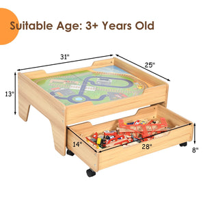 Kids Wooden Train Set Table with 100 Multicolor Pieces and Lockable Wheels view 5