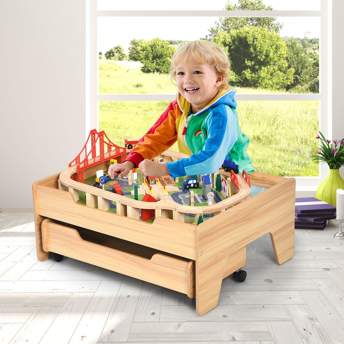Kids Wooden Train Set Table with 100 Multicolor Pieces and Lockable Wheels view 6