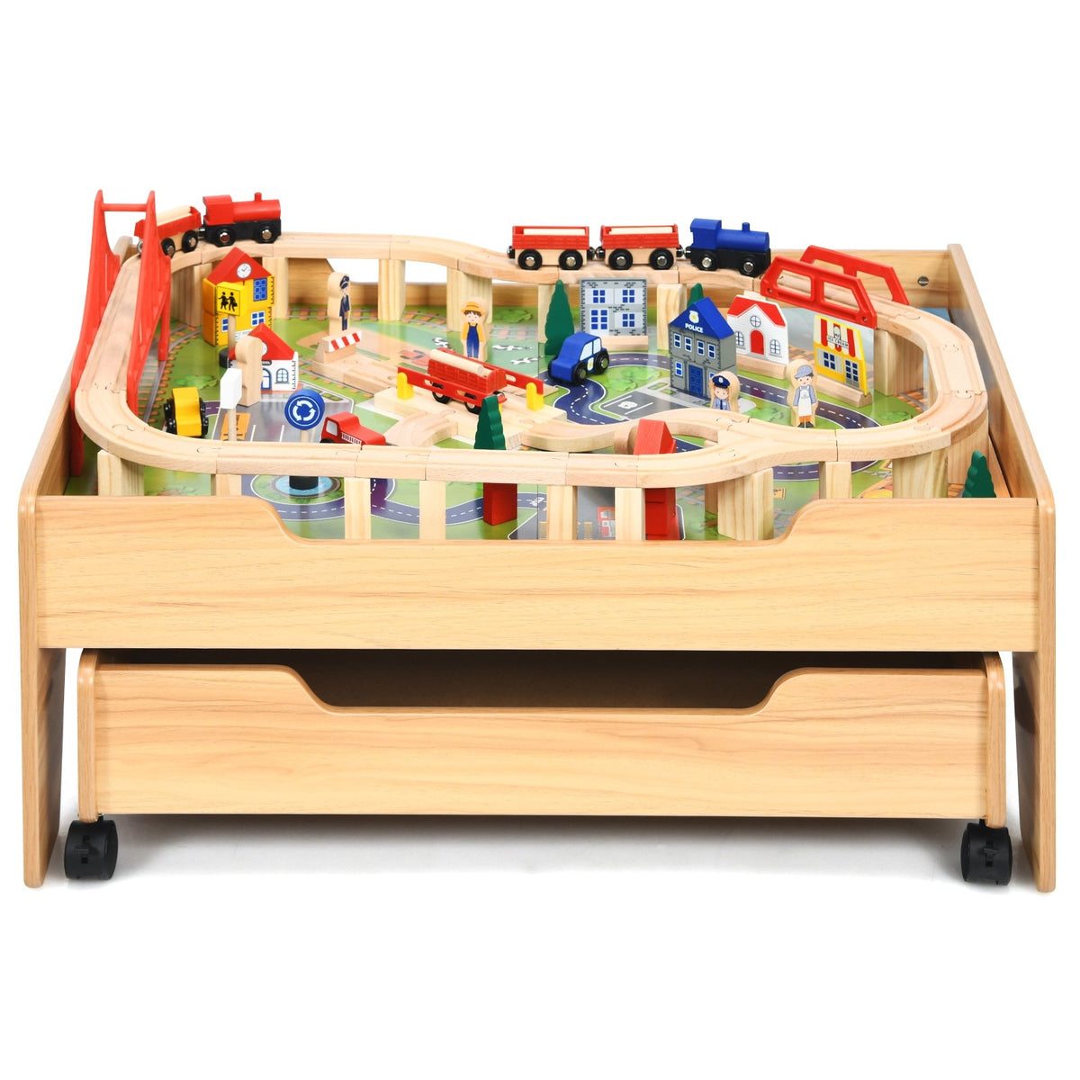 Kids Wooden Train Set Table with 100 Multicolor Pieces and Lockable Wheels view 7