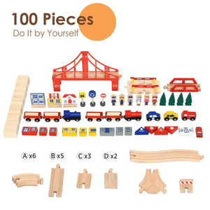 Kids Wooden Train Set Table with 100 Multicolor Pieces and Lockable Wheels view 8