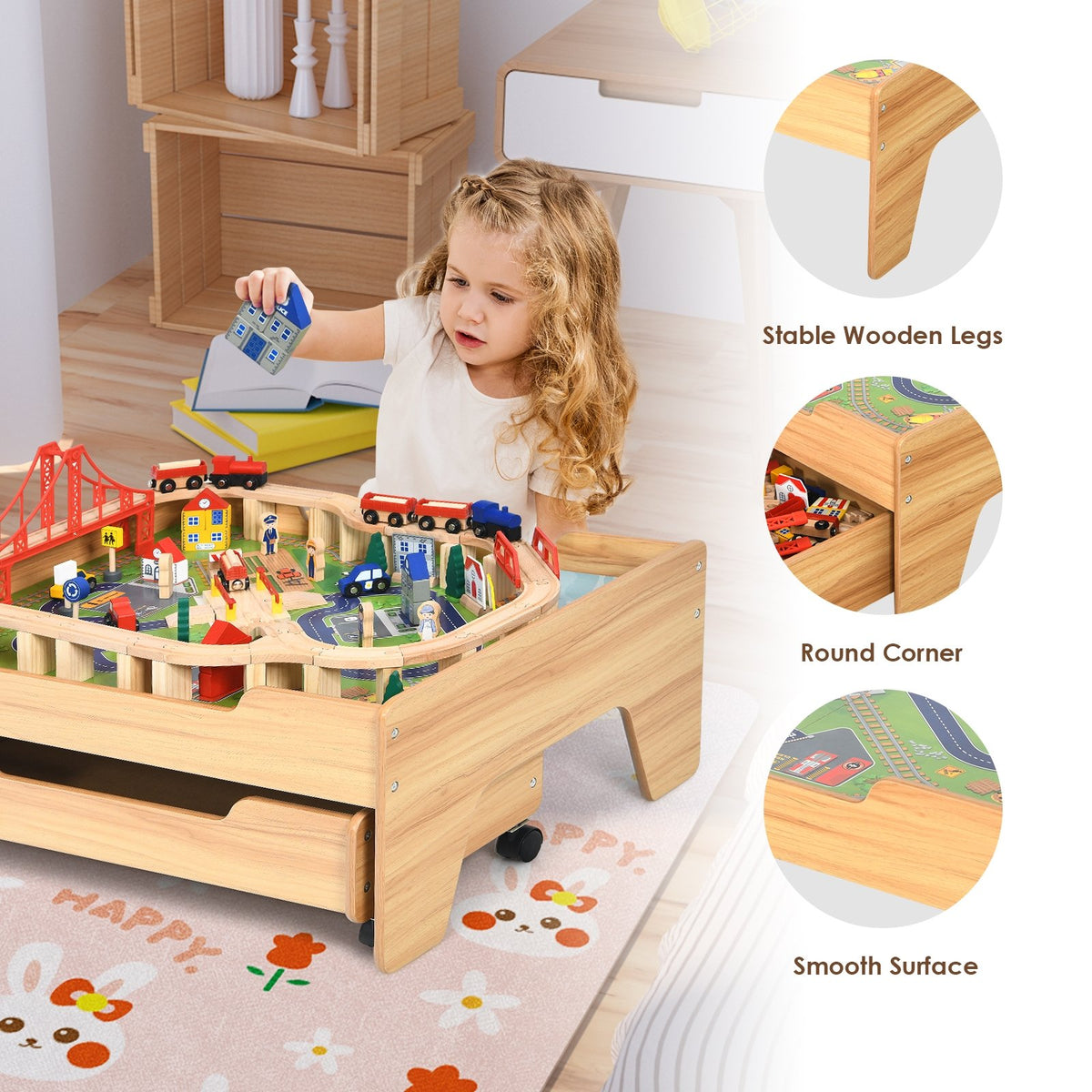 Kids Wooden Train Set Table with 100 Multicolor Pieces and Lockable Wheels view 9