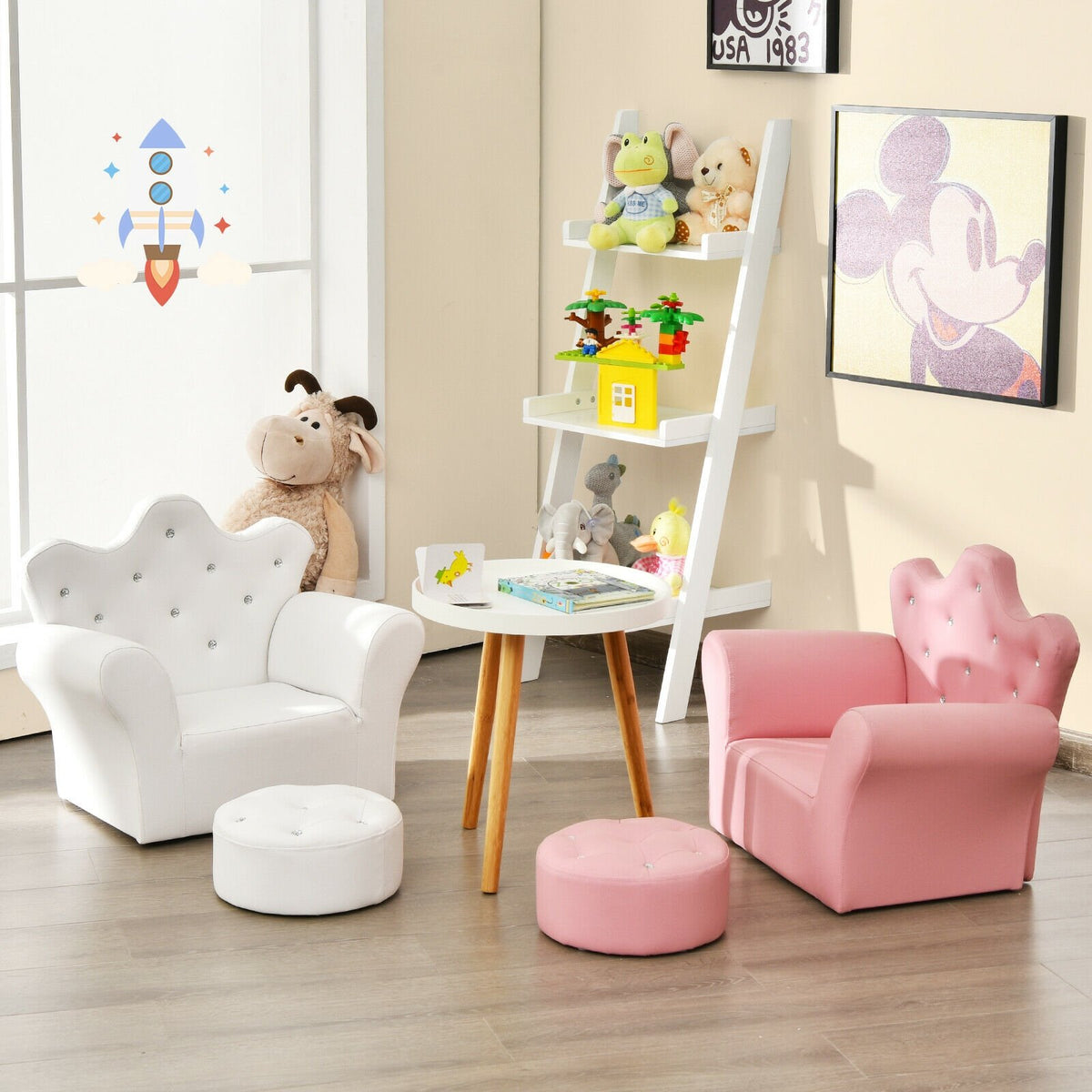 Children Upholstered Princess Sofa with Ottoman and Diamond Decoration for Boys and Girls-White view 2