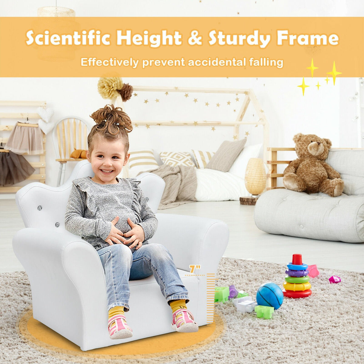 Children Upholstered Princess Sofa with Ottoman and Diamond Decoration for Boys and Girls-White view 3