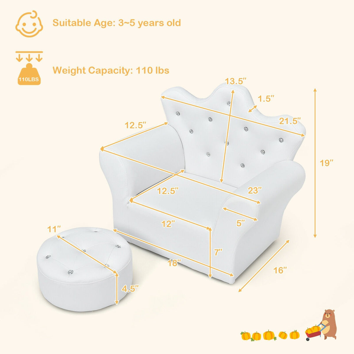 Children Upholstered Princess Sofa with Ottoman and Diamond Decoration for Boys and Girls-White view 4