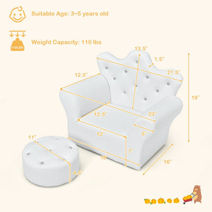 Children Upholstered Princess Sofa with Ottoman and Diamond Decoration for Boys and Girls-White view 4