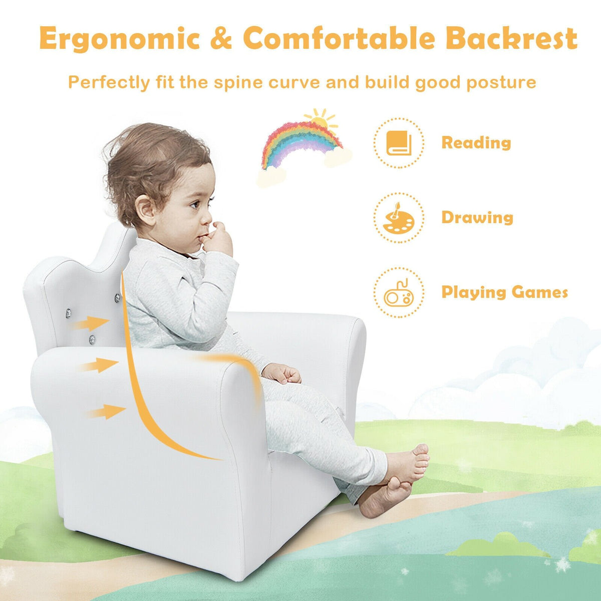 Children Upholstered Princess Sofa with Ottoman and Diamond Decoration for Boys and Girls-White view 5