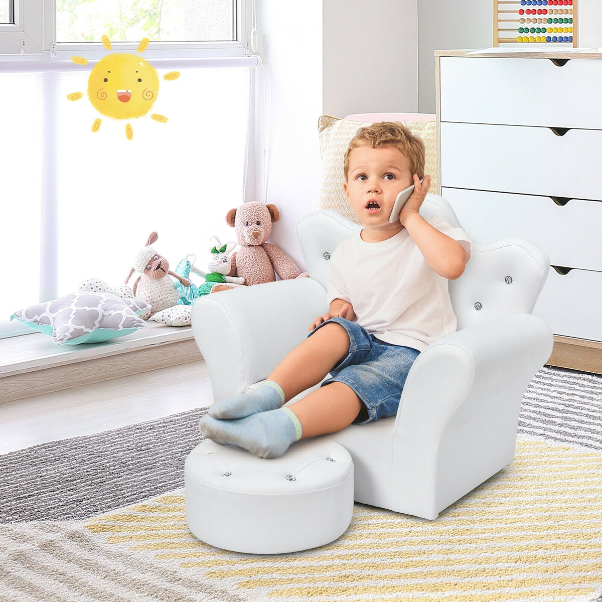 Children Upholstered Princess Sofa with Ottoman and Diamond Decoration for Boys and Girls-White view 6