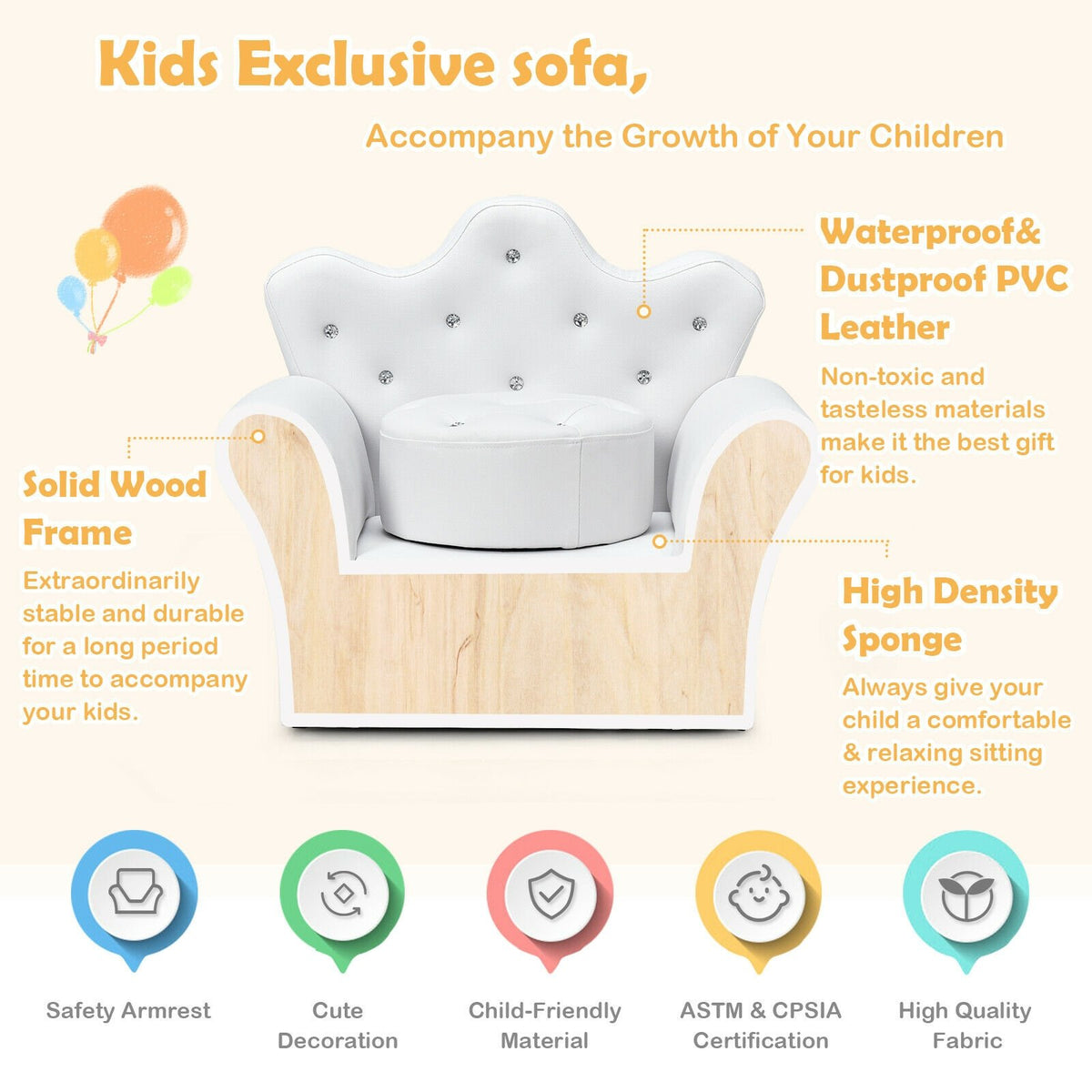Children Upholstered Princess Sofa with Ottoman and Diamond Decoration for Boys and Girls-White view 7