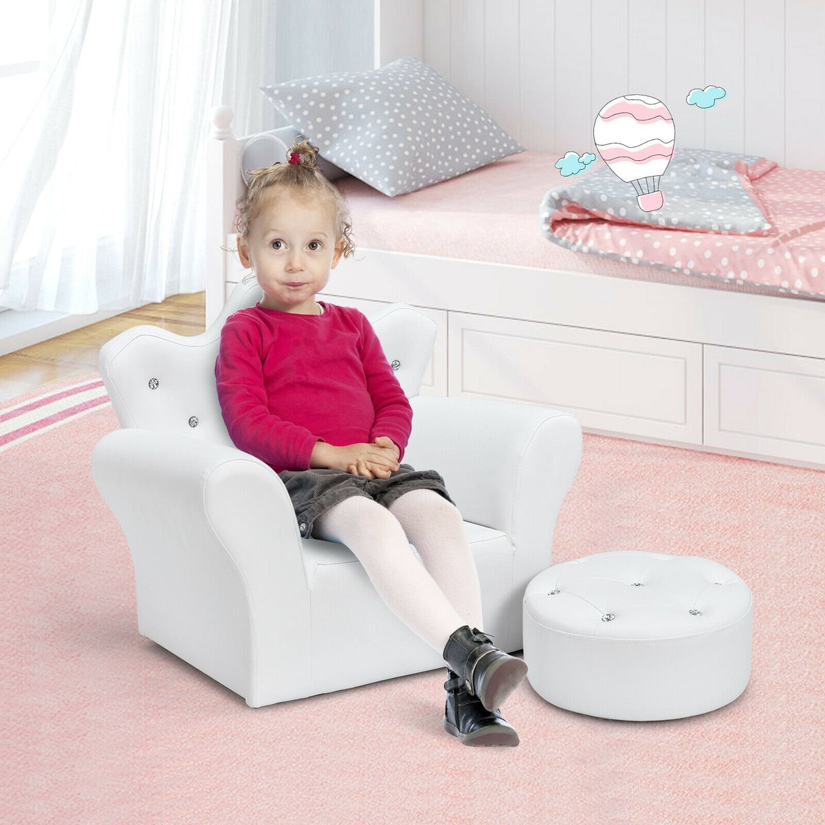 Children Upholstered Princess Sofa with Ottoman and Diamond Decoration for Boys and Girls-White view 8