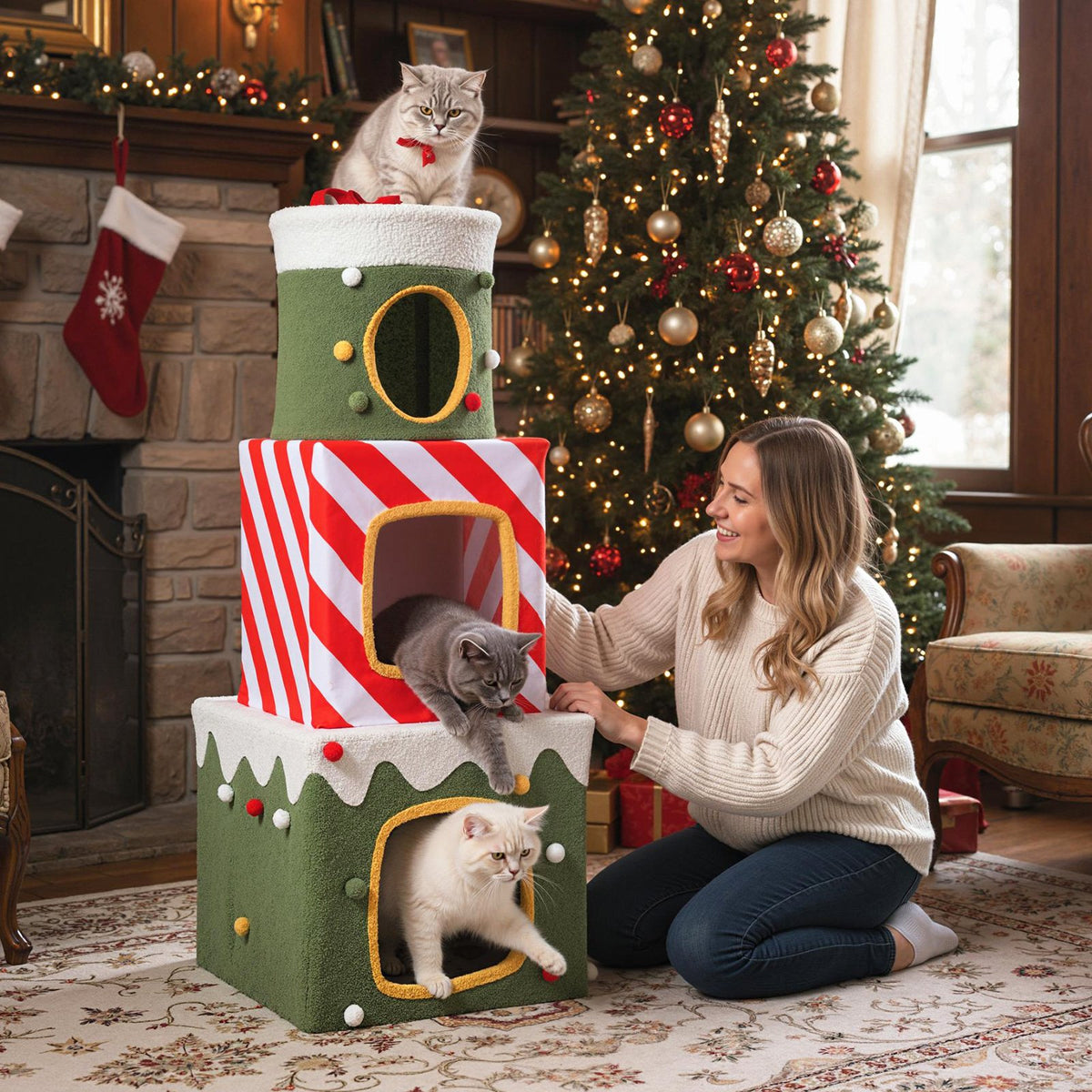 Christmas Cat Tree for Indoor Cats 47 inches Cute Cat Climbing Furniture with 3 Condos-Green view 3
