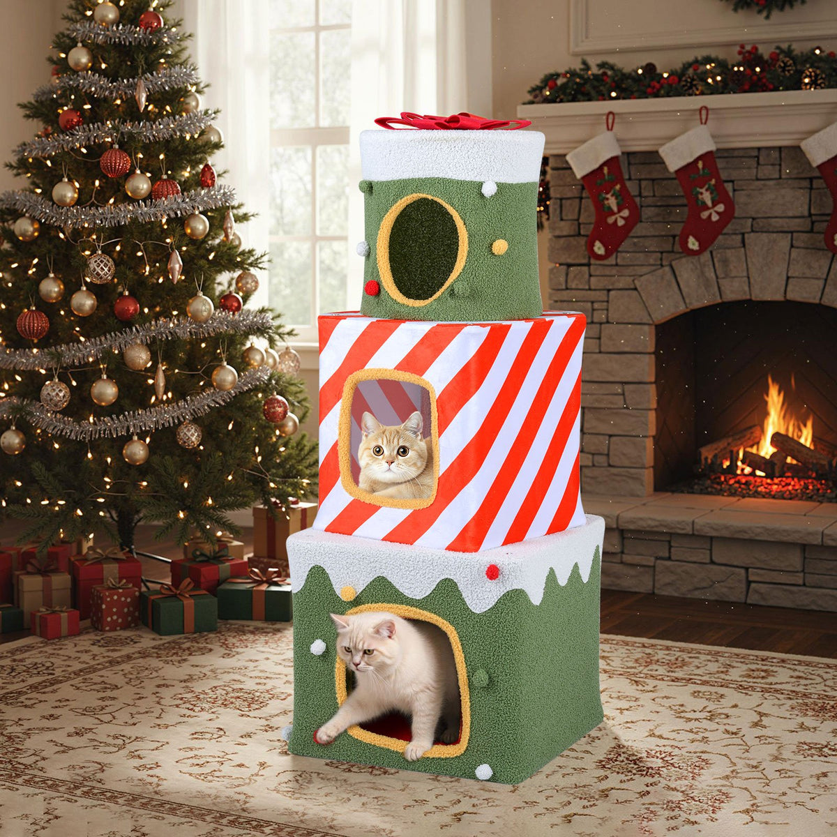 Christmas Cat Tree for Indoor Cats 47 inches Cute Cat Climbing Furniture with 3 Condos-Green view 6