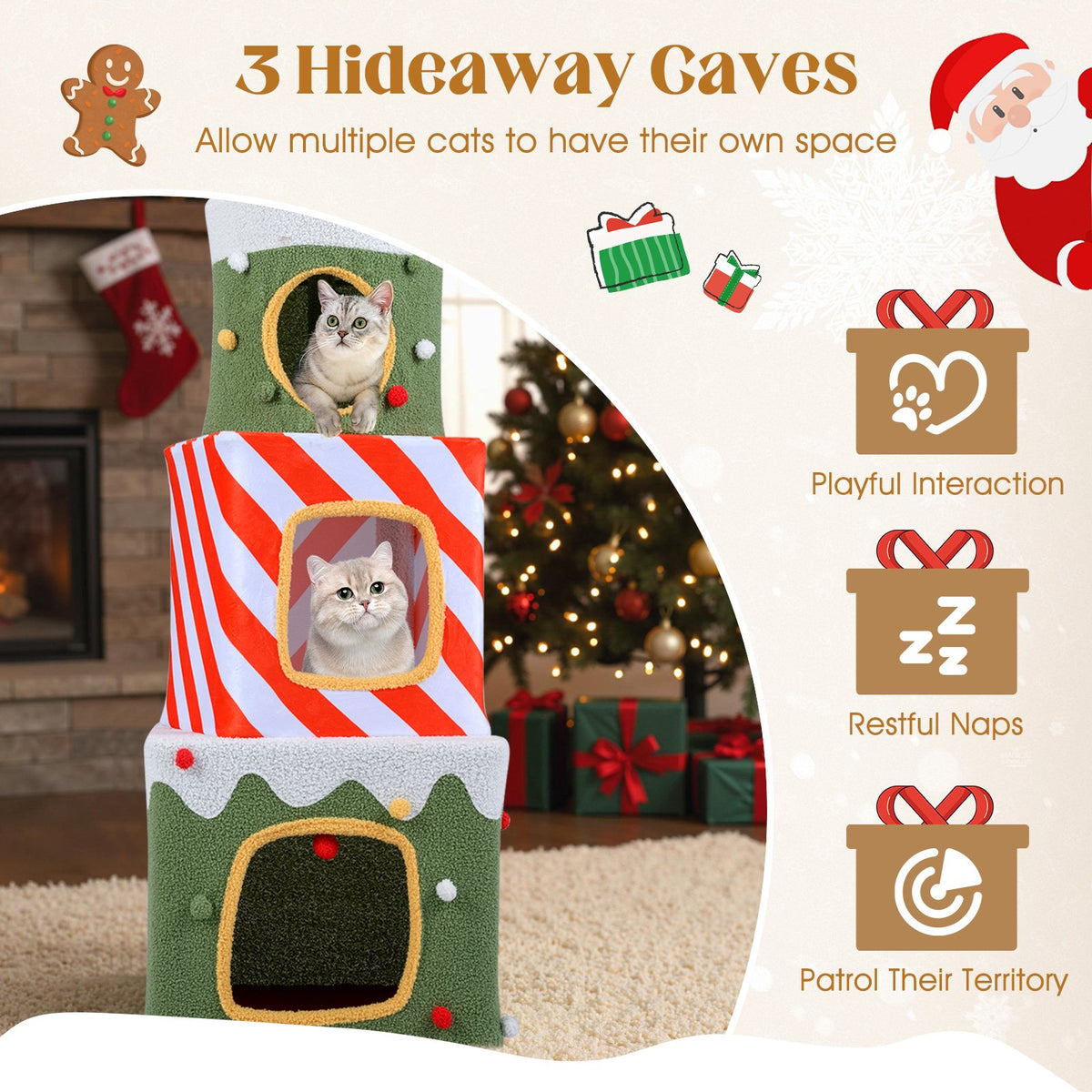 Christmas Cat Tree for Indoor Cats 47 inches Cute Cat Climbing Furniture with 3 Condos-Green view 7