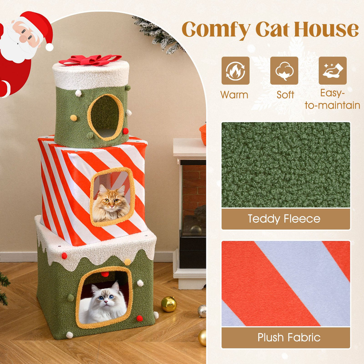 Christmas Cat Tree for Indoor Cats 47 inches Cute Cat Climbing Furniture with 3 Condos-Green view 9