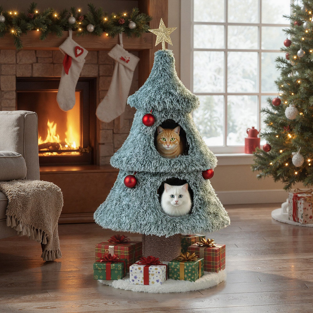 Christmas Cat Tree for Indoor Cats 48.5 inch Cute Cat Tower with 2 Large Condos Scratching Post-Green view 2