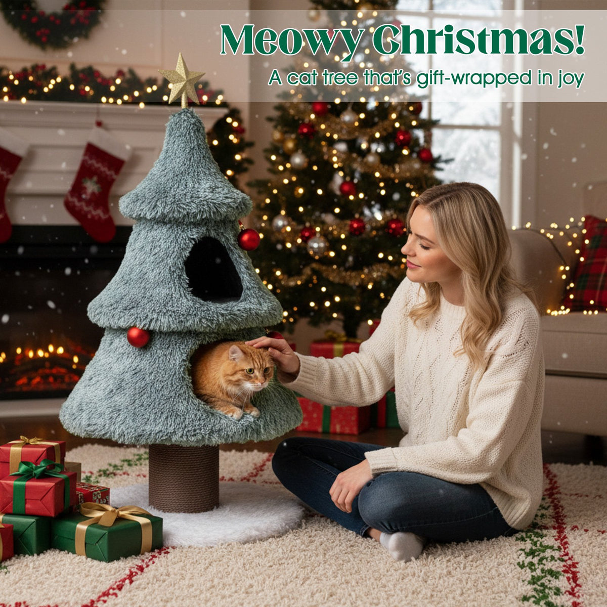Christmas Cat Tree for Indoor Cats 48.5 inch Cute Cat Tower with 2 Large Condos Scratching Post-Green view 3