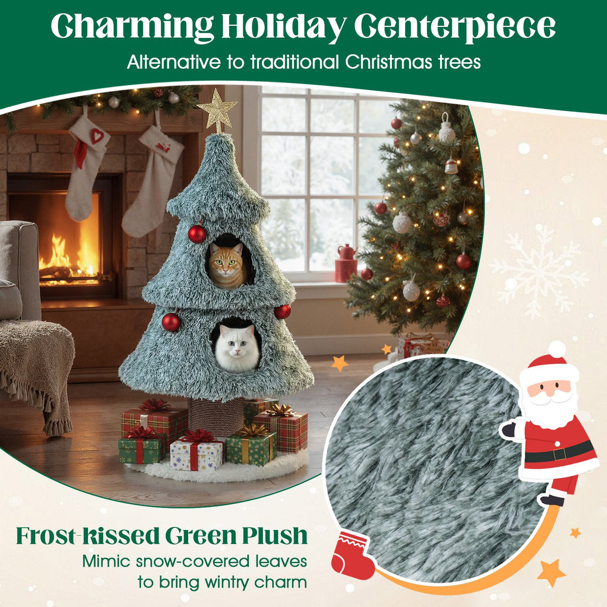 Christmas Cat Tree for Indoor Cats 48.5 inch Cute Cat Tower with 2 Large Condos Scratching Post-Green view 6