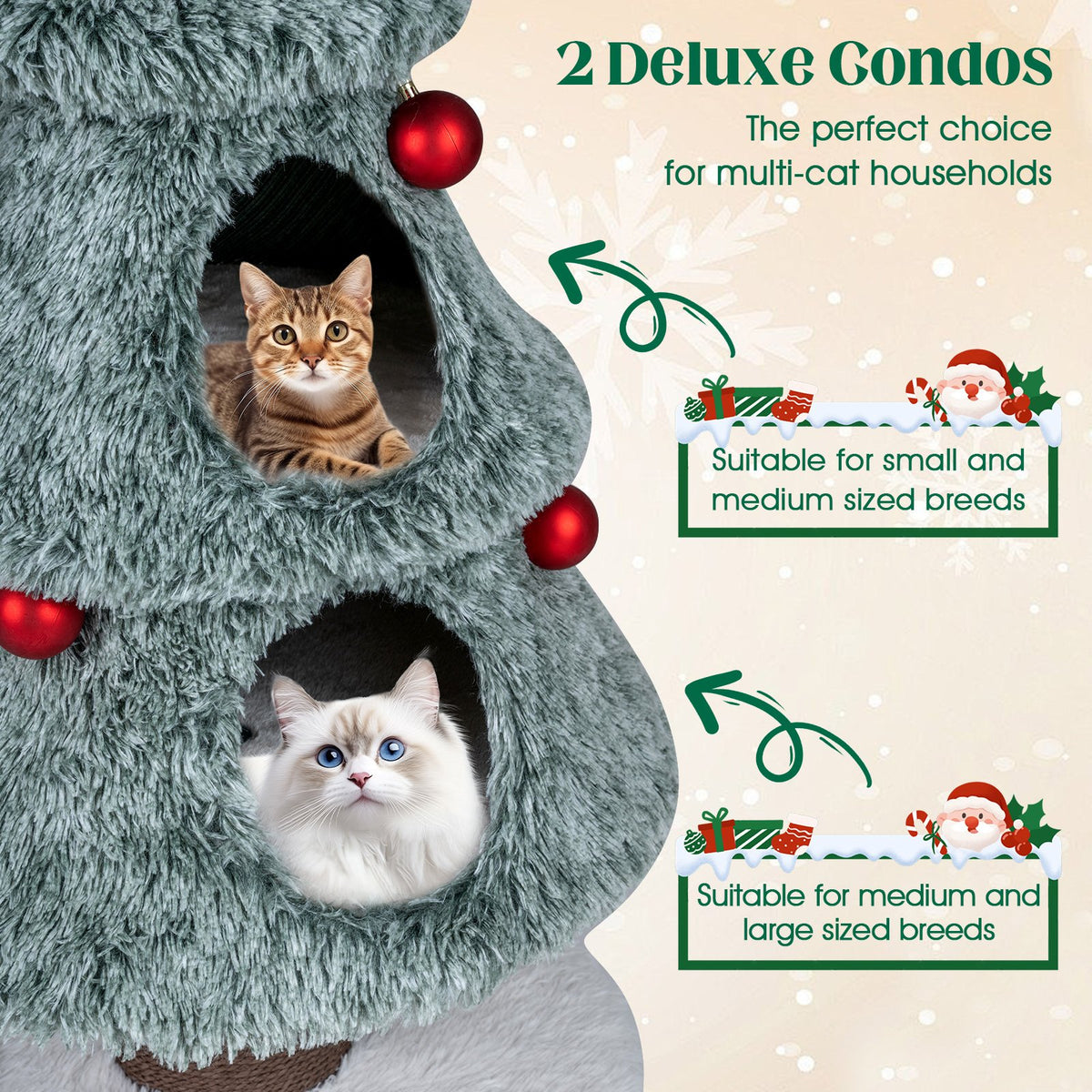 Christmas Cat Tree for Indoor Cats 48.5 inch Cute Cat Tower with 2 Large Condos Scratching Post-Green view 7