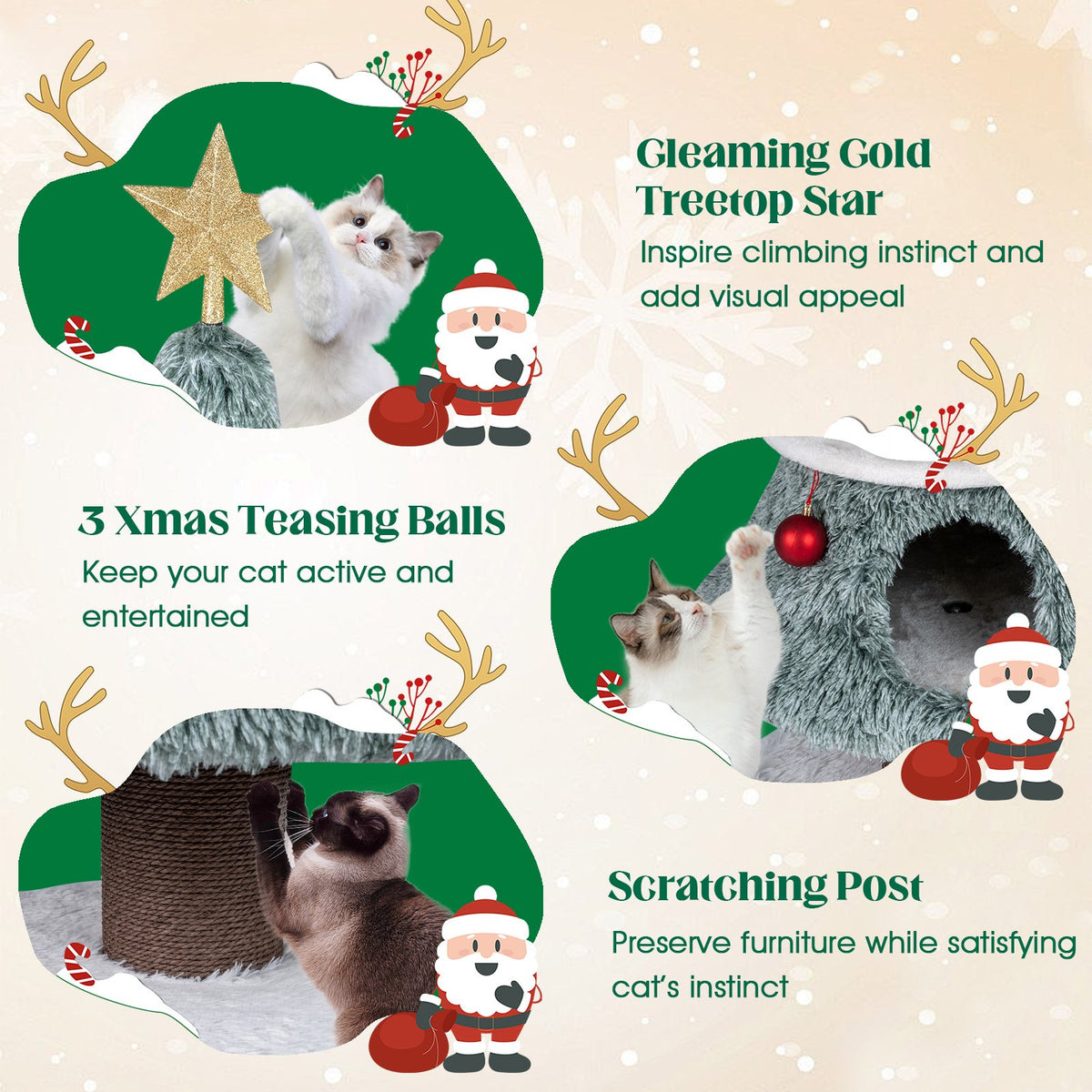 Christmas Cat Tree for Indoor Cats 48.5 inch Cute Cat Tower with 2 Large Condos Scratching Post-Green view 8