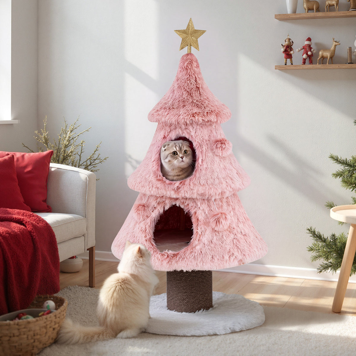 Christmas Cat Tree for Indoor Cats 48.5 inch Cute Cat Tower with 2 Large Condos Scratching Post-Pink view 3
