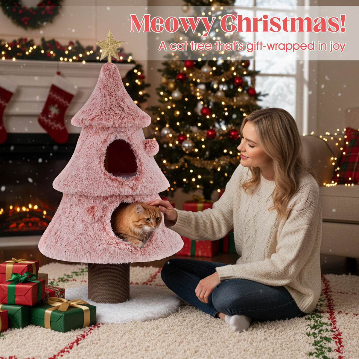 Christmas Cat Tree for Indoor Cats 48.5 inch Cute Cat Tower with 2 Large Condos Scratching Post-Pink view 5