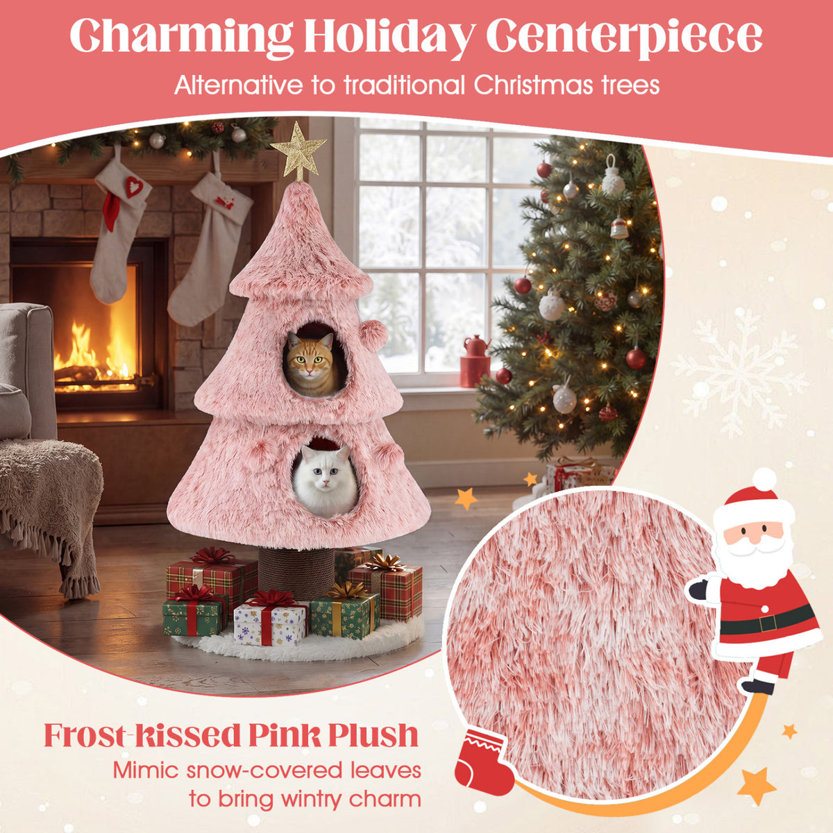 Christmas Cat Tree for Indoor Cats 48.5 inch Cute Cat Tower with 2 Large Condos Scratching Post-Pink view 6